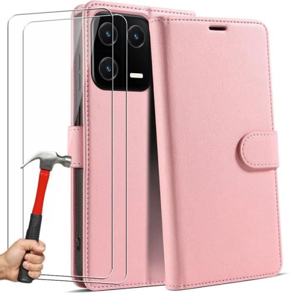 Flipskydd för Xiaomi 13, rosa syntetiskt läderskydd och 2 härdade glasögon Rosa