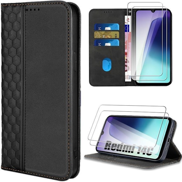 Coque + 2 Glasser Trempede til Xiaomi Redmi 14C, Beskyttelse i Syntetisk Læder Stødabsorberende Mosaikmønster - Sort Svart