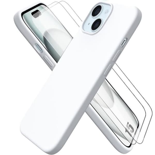 Coque - E.F.CONNECTION - för iPhone 15 - Ultra Slim Silikon - Skydd av Härdat Glas - Matt Vit