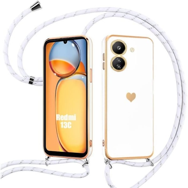 Fodral till Xiaomi Redmi 13C - Vit - Crossbody-fodral, stötsäkert silikonskydd med hjärtmönster, elektropläterad stil