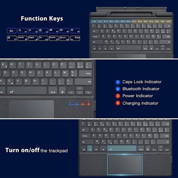 Tangentbord för Microsoft Surface Pro 11 / 10 / X / 9 / 8, AZERTY Bluetooth med belysning och pekplatta