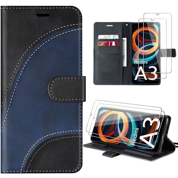 Coque - Xiaomi - Redmi A3 - Læder Effekt - Bicolor Beskyttelse - 2 Tempered Glas Marinblå-svart
