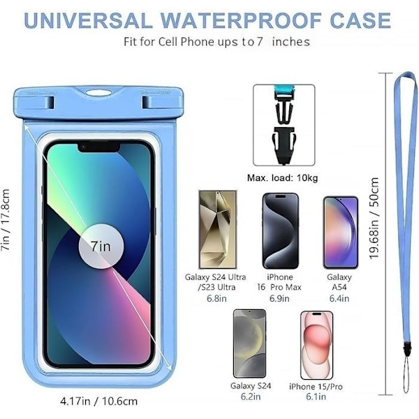 Vandtæt etui til iPhone 16 Pro Max 16e 16 Plus 15 Pro 14 Plus 14 Pro 13 12 11 XR XS 8 7 6 - Beskyttelse IPX8 Blå kant Blå
