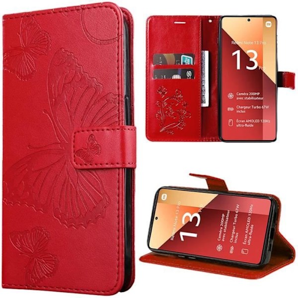 Fodral till Xiaomi Redmi Note 13 Pro 4G (inte för 5G) Skyddande syntetiskt läder Röd Elegant fjärilsmönster