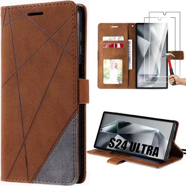 Etui + 2 hærdede briller til Samsung Galaxy S24 Ultra, elegant etui med lædereffekt - brun kastanj