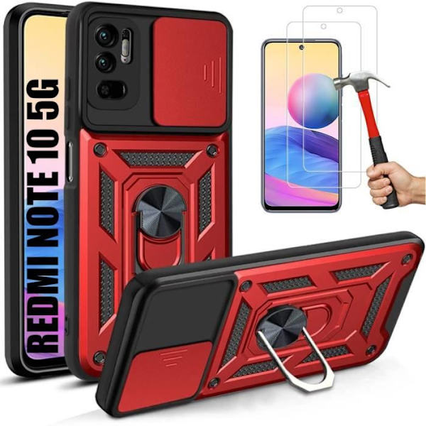 2-pack härdat glas + fodral för Redmi Note 10 5G (6,5 tum) Red Army Style hård anti-skrapa styv ryggring Röd
