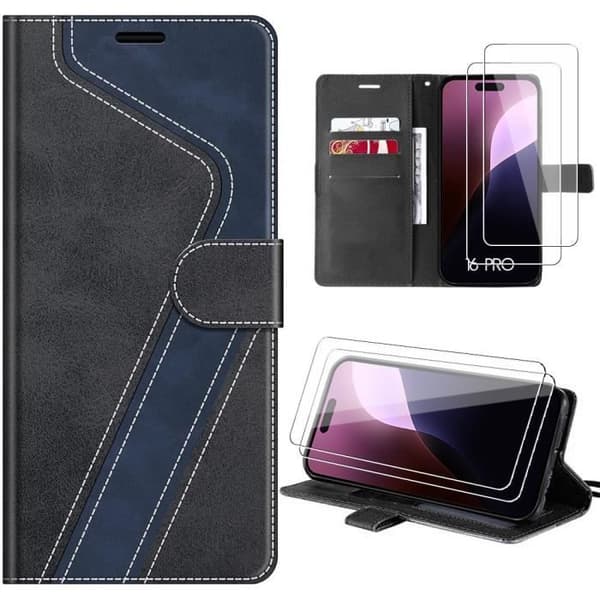 Coque och Härdade Glas - Repåtsresistent Coque - för iPhone 16 Pro - Fällbart Syntetläder - Marinblå-Svart - Elegant Marinblå-svart