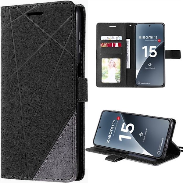 Coque för Xiaomi 15, Anti-Ripor Stötsäker Skydd Flip Case Syntetläder Svart Svart