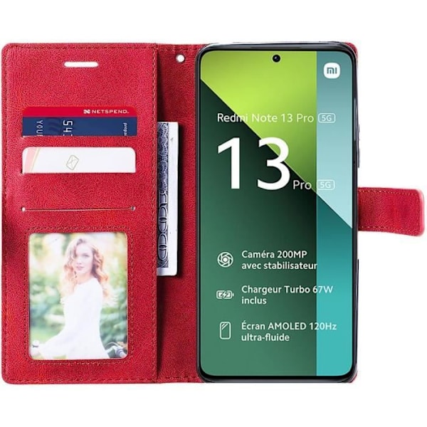 Coque - Xiaomi - Redmi Note 13 Pro 5G - Syntetisk Læder - Rød - 2 Tempered Glas Röd