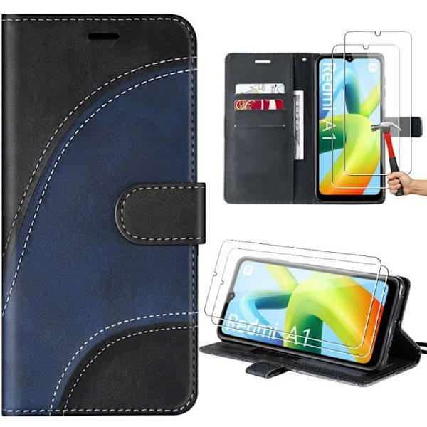 Coque - Xiaomi - Redmi A1-A2 - PU-läder - Härdat glas - Flerpositionsstöd Svart och marinblå