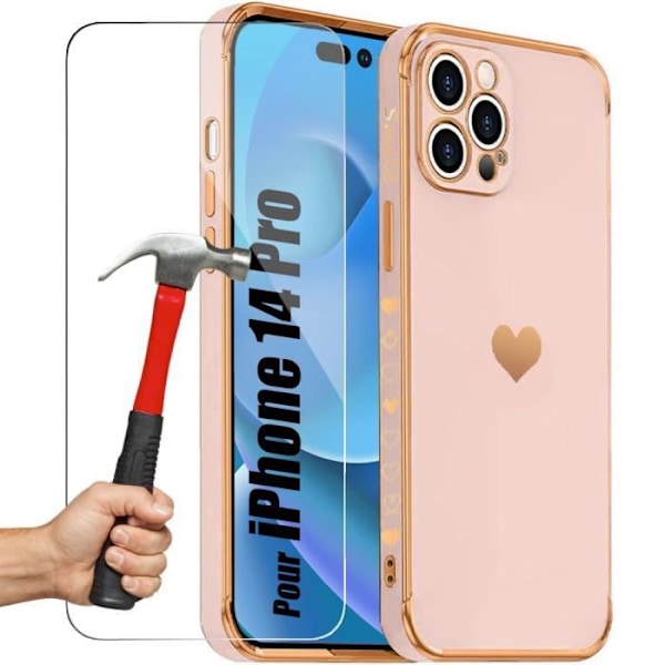 TPU-fodral för iPhone 14 Pro Rosa hjärtmönster Anti-Scratch + 2 härdade glasögonskydd