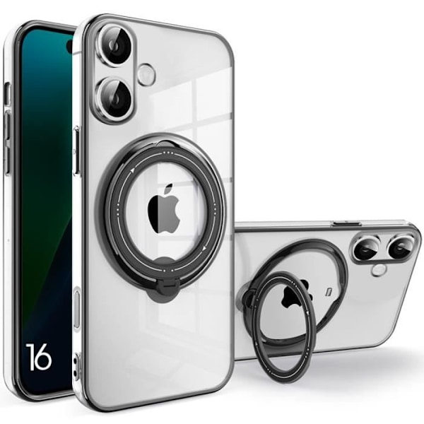 Cover til iPhone 16, gennemsigtig silikonebeskyttelse med sort kromkontur og magnetisk støtte