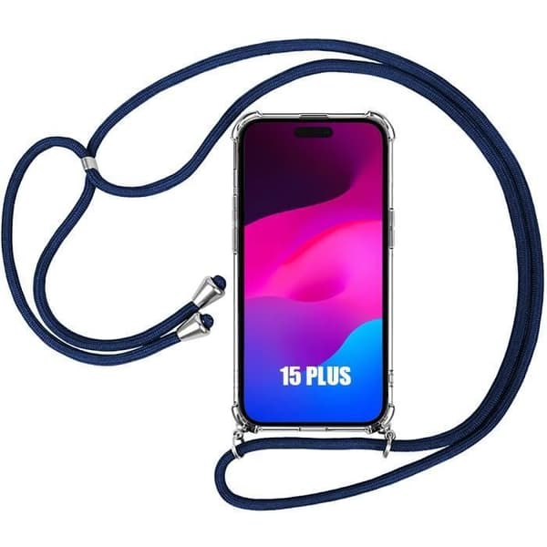 Skyddsfodral för iPhone 15 Plus, Förstärkt TPU Stötsäker med Marinfärgad Snodd Transparent, Marinblå