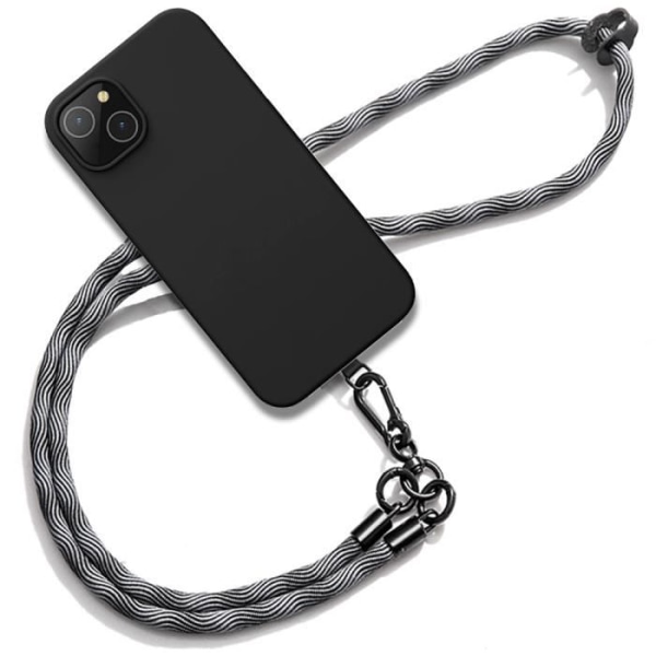 Halsbandsfodral för iPhone 15 Plus, Anti-Scratch Svart Mjuk Silikon med Grå Halsband