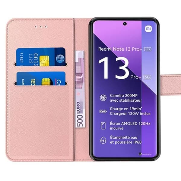Coque - E.F.CONNECTION - För Xiaomi Redmi Note 13 Pro+ 5G - Stötresistent - PU- och TPU-läder - Justerbart stativ - Rosa Rosa