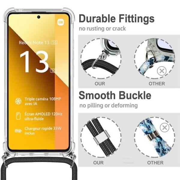 Skydd - Xiaomi - Redmi Note 13 5G - Stöttålig - Lätt snodd - Transparent svart Transparent, svart