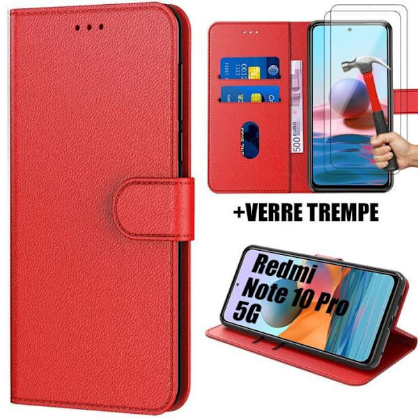 Förpackning 2 härdade glasögon + fodral för Redmi Note 10 Pro 5G (6,67") Röd 360 graders skydd Mjukt lädereffekt Röd