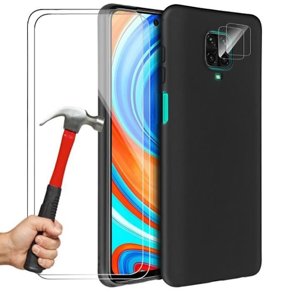 Silikonetui til Redmi Note 9 Pro - Note 9S Sort + 2 hærdede briller + 2 bagkamerabeskyttelse Svart, klar