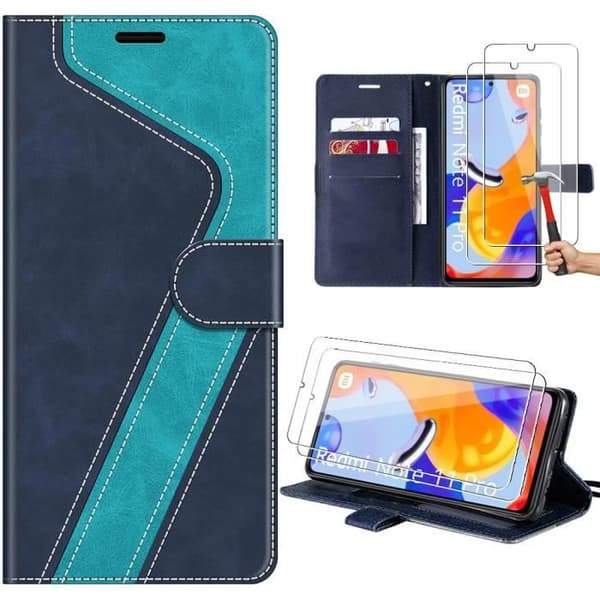 Smartphonefodral - Xiaomi - Redmi Note 12 Pro, Note 11 Pro 4G-5G - PU-läder - Ställ - Härdat glas Marinblå och ljusblå