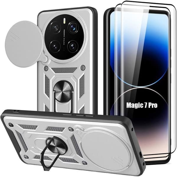 Skal + 2 Doppade Glas för Honor Magic 7 Pro, Stötsäker med Förstärkt Hård Ring - Silverfärgad Silver