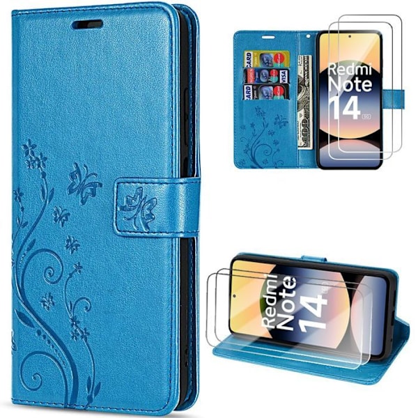 Skyddad skal + 2 nedsänkta glas för Xiaomi Redmi Note 14 5G (ej för 4G) Stötabsorberande syntetläder med blått fjärilsmönster Blå