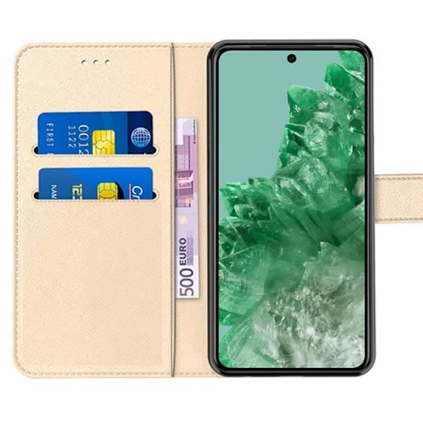 Heltäckande fodral för Google Pixel 8 Pro - Guldlädereffektskydd med stativ och korthållare