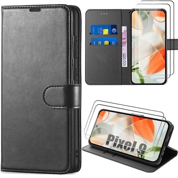 Fodral och 2 härdade glasögon för Google Pixel 9 - Anti-Scratch Plånboksfodral i svart syntetiskt läder