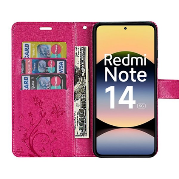 Coque för Xiaomi Redmi Note 14 5G (inte för 4G) Stötskydd Syntetisk Läder Blommönster Fjäril - Fuchsia Fuchsia