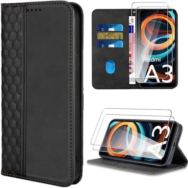 Coque - E.F.Connection - til Xiaomi Redmi A3 - Læder Effekt - Stødabsorberende - med 2 hærdede glas Svart