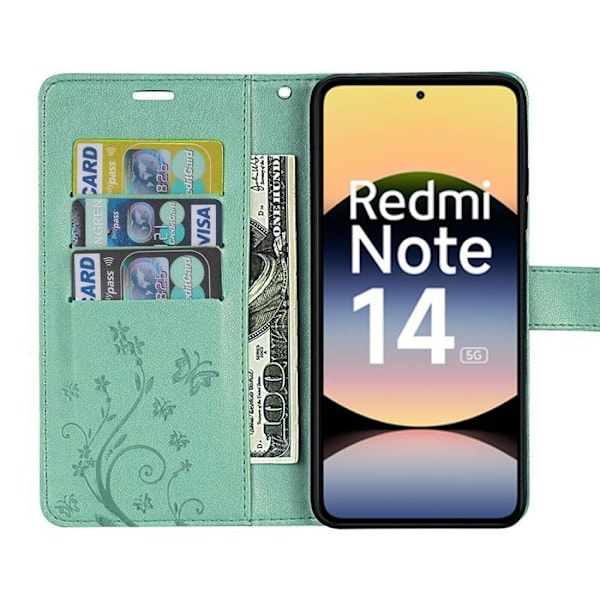 Coque för Xiaomi Redmi Note 14 5G (inte för 4G) skydd med flip, syntetiskt läder, stöttåligt, grön med fjärilmönster Grön