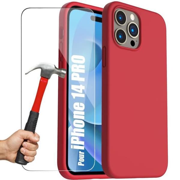 Siliconfodral - för iPhone 14 Pro - Röd - Stötsäker - Matt finish - 2 Härdat glas ingår Röd