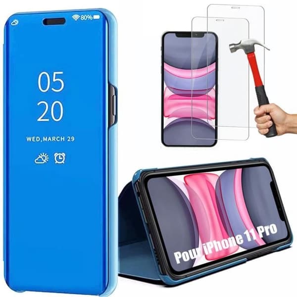 Skyddshölje - E.F.CONNECTION - för iPhone 11 - Styv - Blå + 2 Härdat Glas Blå