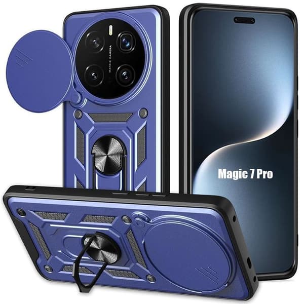 Skyddsfodral för Honor Magic 7 Pro, Stötsäker med Ring och Glidande Objektivskydd - Mörkblå marinblå
