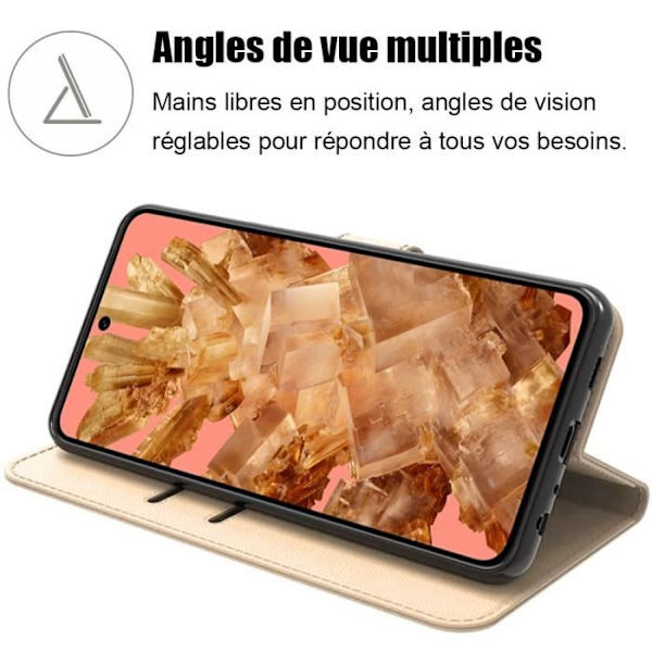 Fodral för Google Pixel 8 med 2 härdade glasögon - Guldlädereffektskydd Magnetisk stängning