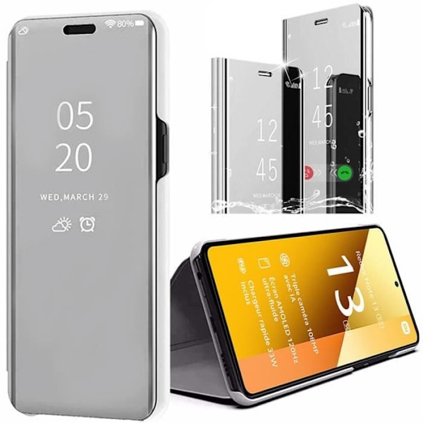 Fodral för Xiaomi Redmi Note 13 5G (ej för 4G), Silver, Flip Cover Clear View 360° stötsäker med stativfunktion