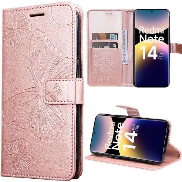 Skyddsfodral för Xiaomi Redmi Note 14 Pro 5G (inte för 4G) Skydd med flipficka i konstläder med rosafärgad fjärilsmönster Rosa