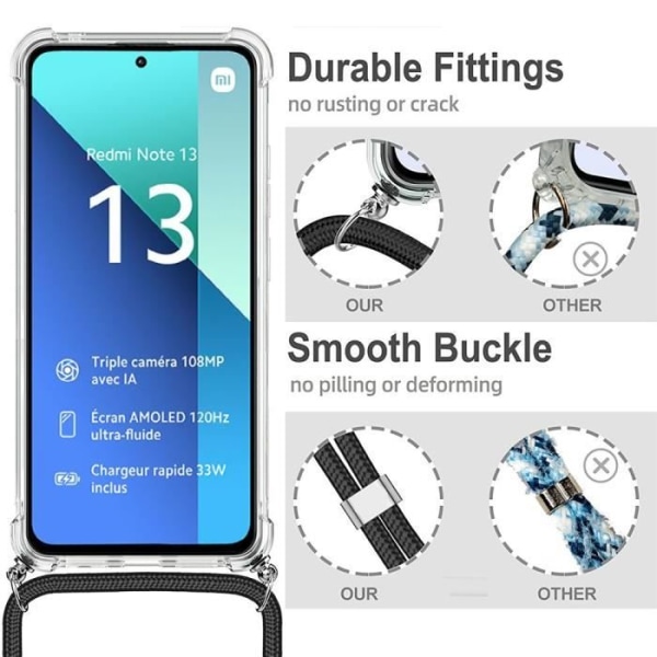 Fodral till Xiaomi Redmi Note 13 4G (ej för 5G) Förstärkt skydd Transparent Anti-Scratch Mjuk + Axelrem Svart
