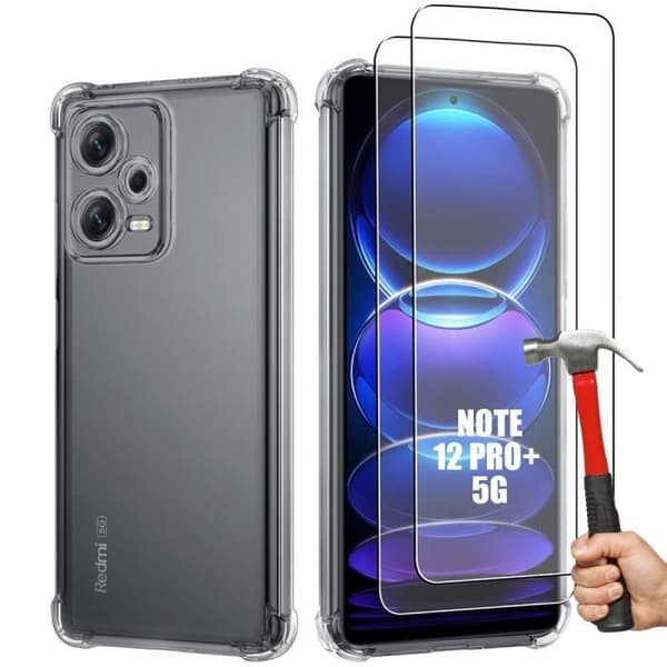 Coque en silicone - E.F.CONNECTION - För Xiaomi Redmi Note 12 Pro Plus 5G - Transparent - Stötsäker - 2 Härdat glas Transparent