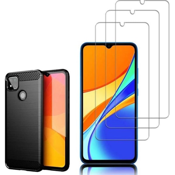 För Xiaomi Redmi 9C- 9C NFC- Redmi 9 (Indien) 6,53": Silikonfodral i kolfiber - SVART + 3 härdat glasfilmer