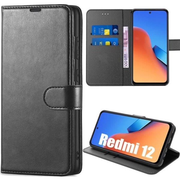 Cover til Xiaomi Redmi 12 4G-5G - Stødbeskyttelse - PU Læder Etui - Standfunktion - Sort Svart