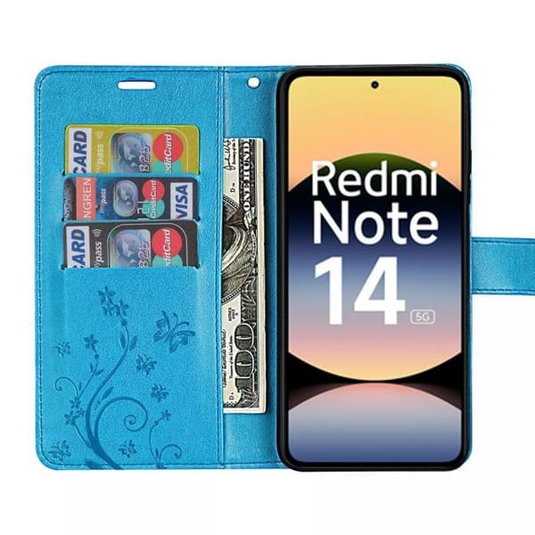 Coque för Xiaomi Redmi Note 14 5G (inte för 4G) Stötskydd Scratch-resistant PU-läder Blom- och Fjärilsdesign - Blå Blå