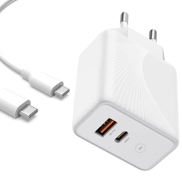 USB-laddare 30W - E.F.CONNECTION - 2-i-1 - PD 20W - QC 3.0 - USB-C-kabel 1m Vit
