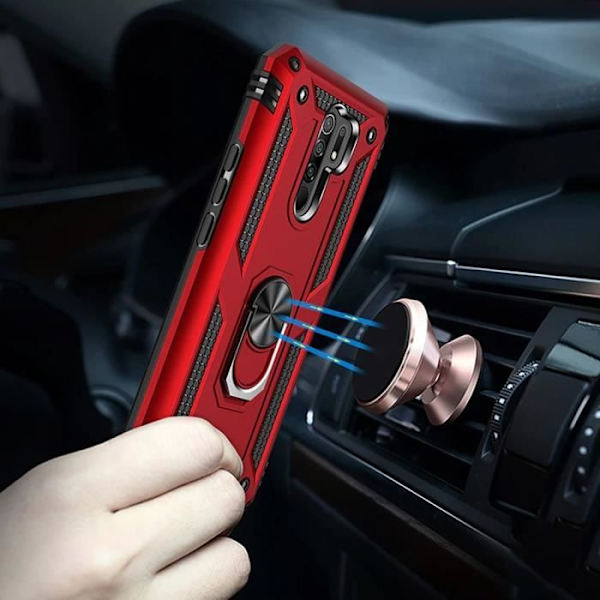 Skyddande Fodral för Redmi 9 - E.F.CONNECTION - Metall Stöd Ring - Härdat Glas - Röd Röd