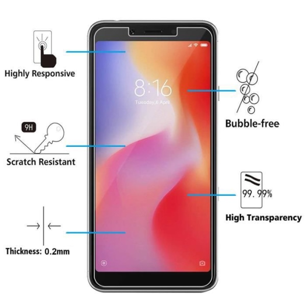 Skærmbeskytter - VCOMP - Xiaomi Redmi 6 - Hærdet glas - Sæt med 2 - Ridsefast