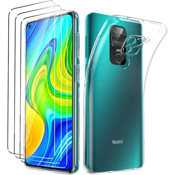 Etui til Xiaomi Redmi Note 9 + [3X skærmbeskytter i hærdet glas], gennemsigtigt tyndt blødt dæksel Silikone Gel TPU etui -