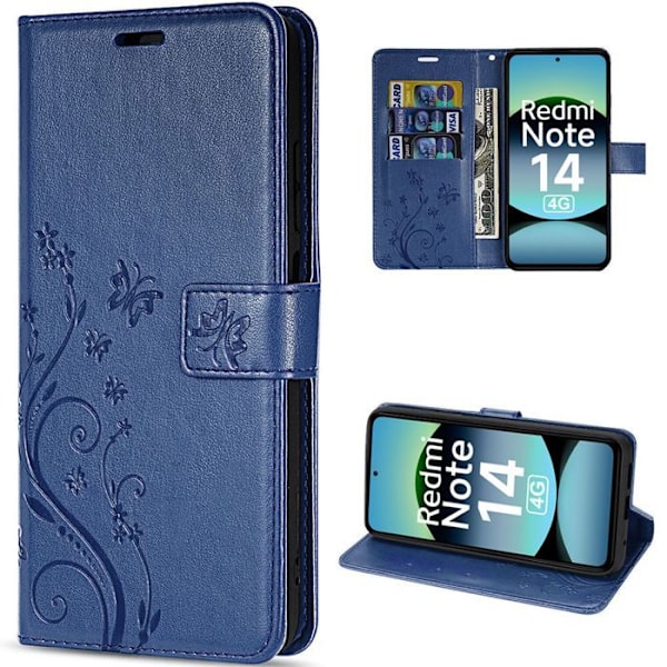 Kåpa för Xiaomi Redmi Note 14 4G (inte för 5G) Stötabsorberande skydd Syntetskt läder Mönster Fjäril Blomma Marinblå marinblå