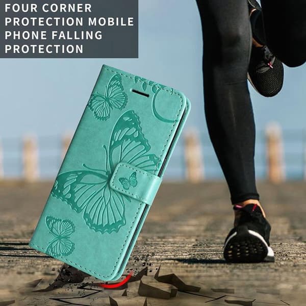 Fodral för iPhone 17 Pro Max, Stöttålig Syntetisk Läder Grön Fjärilsdesign + 2 Härdade Glas Grön