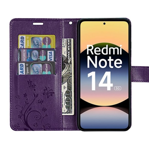 Coque för Xiaomi Redmi Note 14 5G (inte för 4G) Stöd mot Stötar Syntetiskt Läder Mönster Fjäril Blomma - Lila Natt Mörklila
