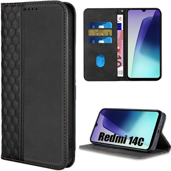 Fodral för Xiaomi Redmi 14C, Magnetisk Flip Case i syntetiskt läder med stötabsorberande mosaikmönster - Svart Svart