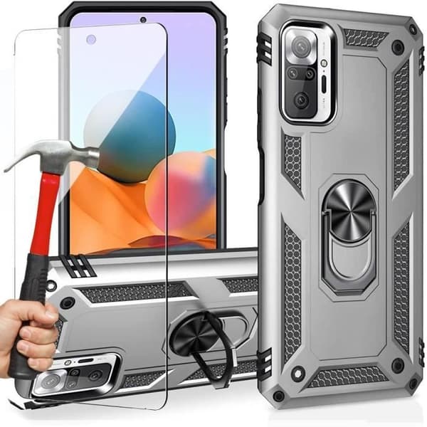 Coque - Redmi - Note 10Pro 4G - Silver - Härdat Glas - Metal Ring Stöd Silver